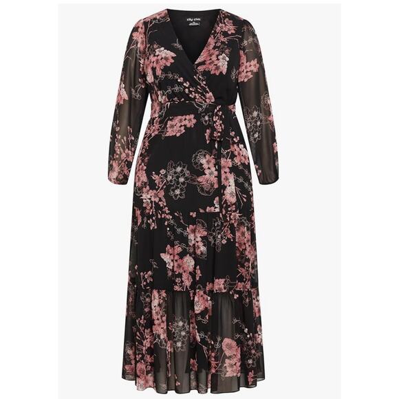 City Chic Bold Blossom Tiered Floral Maxi Dress Black Pink Size 16 - Picture 1 of 13